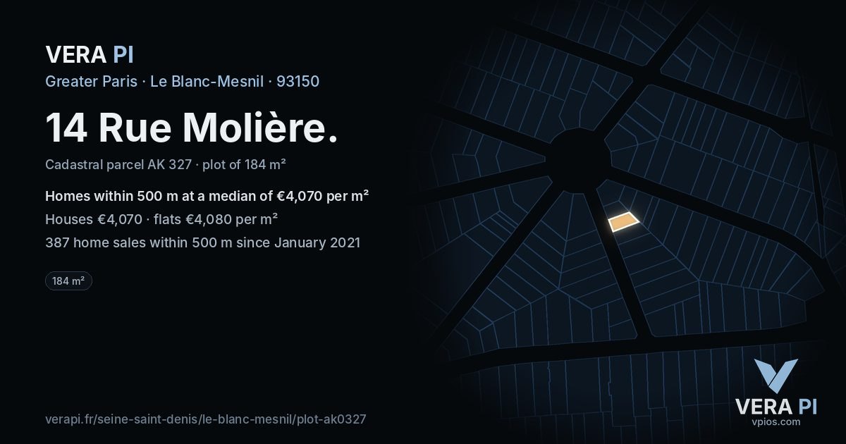 14 Rue Molière, Le Blanc-Mesnil at night – the plot lit, the parcels around coloured by the prices near them