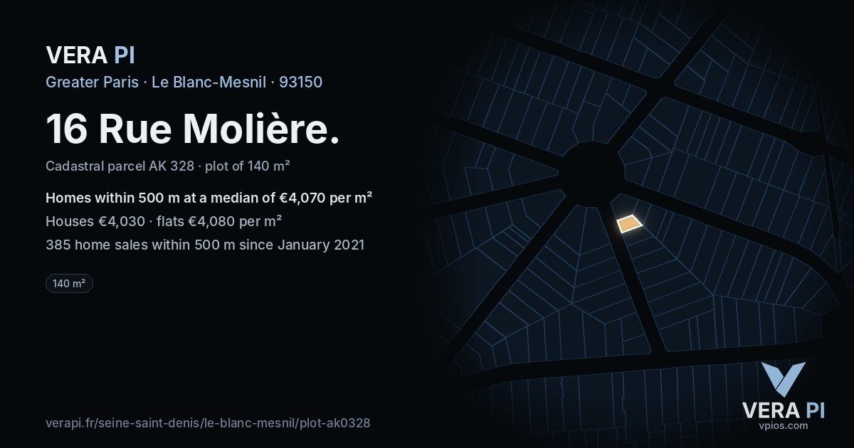 16 Rue Molière, Le Blanc-Mesnil at night – the plot lit, the parcels around coloured by the prices near them