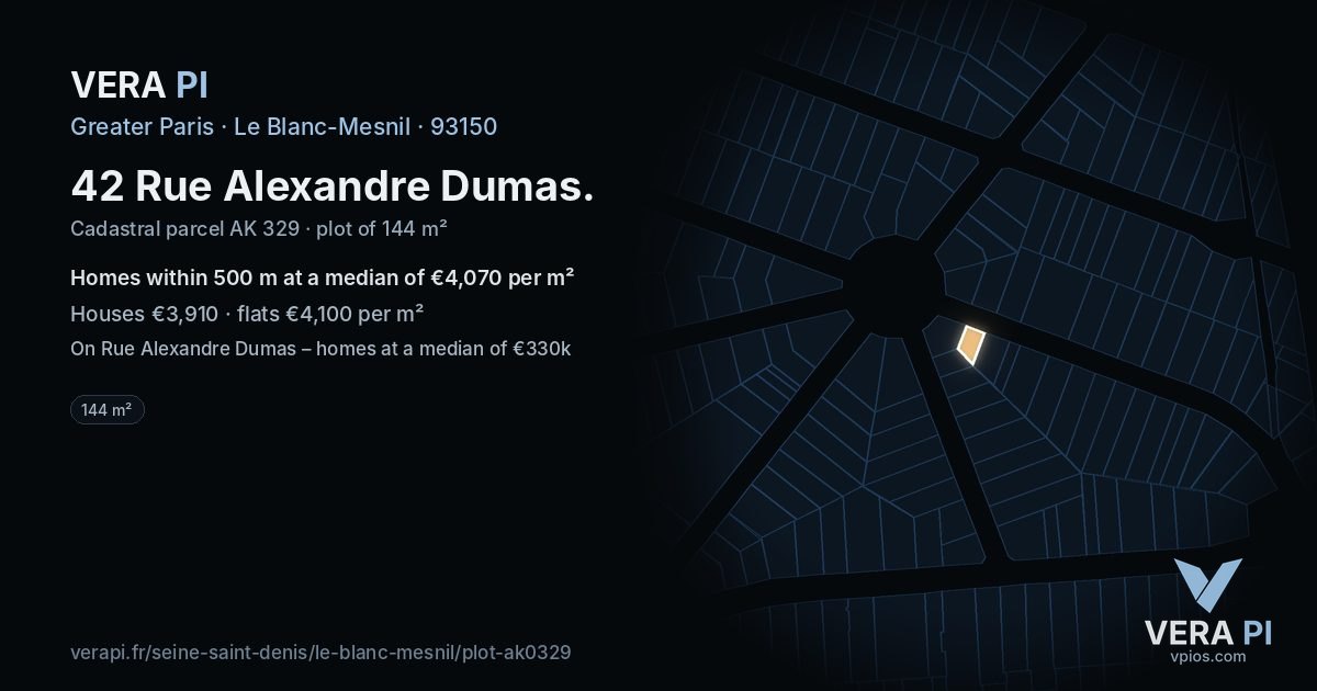 42 Rue Alexandre Dumas, Le Blanc-Mesnil at night – the plot lit, the parcels around coloured by the prices near them