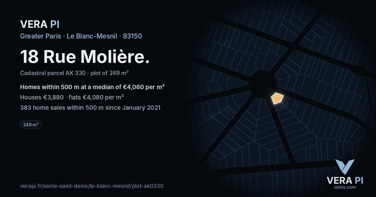 18 Rue Molière, Le Blanc-Mesnil at night – the plot lit, the parcels around coloured by the prices near them