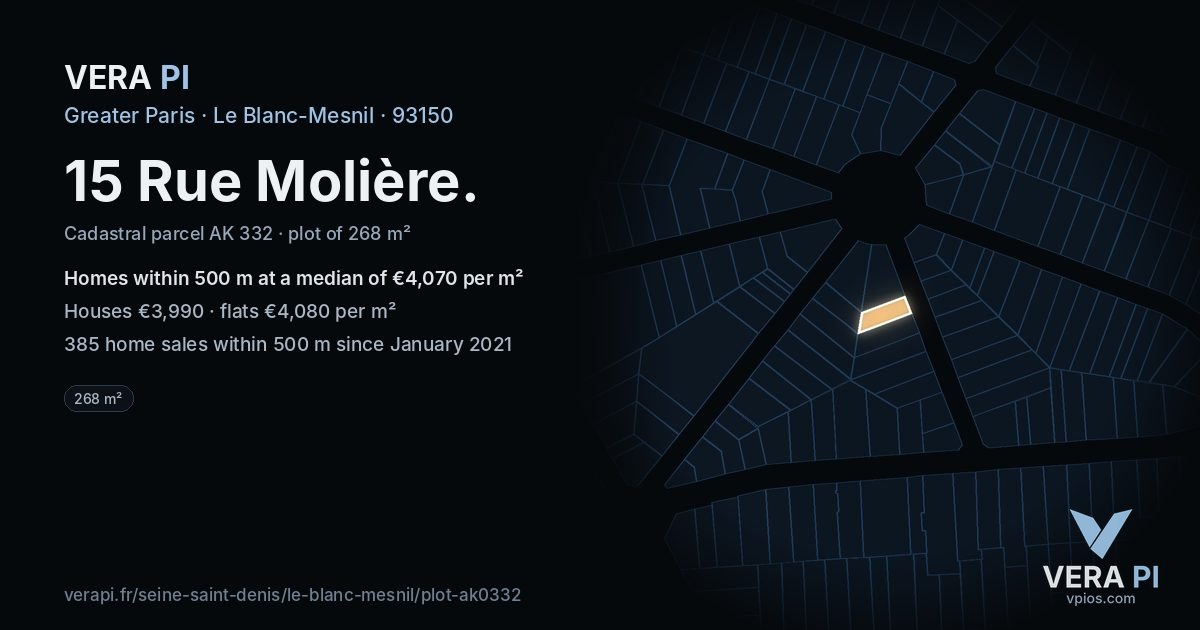 15 Rue Molière, Le Blanc-Mesnil at night – the plot lit, the parcels around coloured by the prices near them