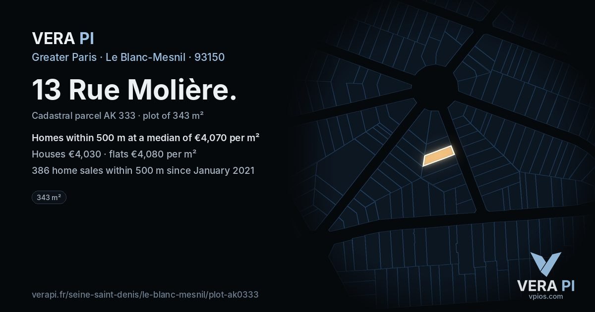 13 Rue Molière, Le Blanc-Mesnil at night – the plot lit, the parcels around coloured by the prices near them