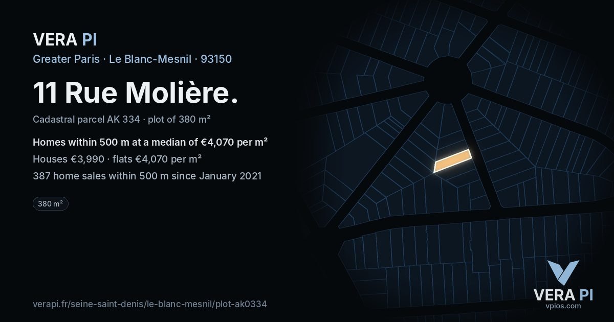 11 Rue Molière, Le Blanc-Mesnil at night – the plot lit, the parcels around coloured by the prices near them