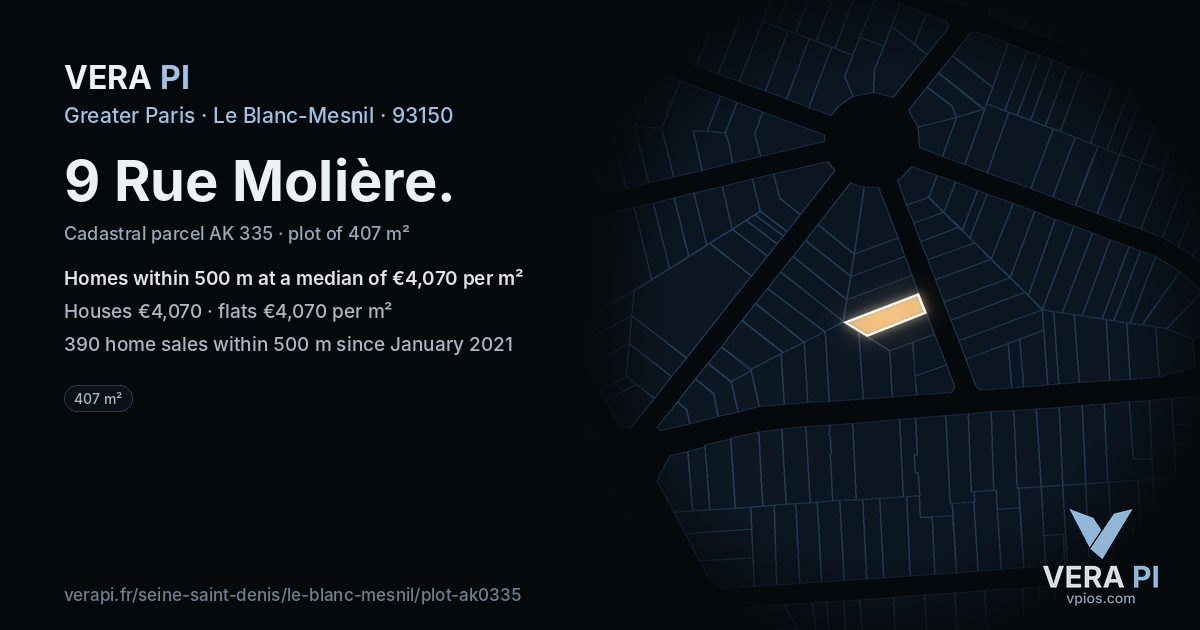 9 Rue Molière, Le Blanc-Mesnil at night – the plot lit, the parcels around coloured by the prices near them