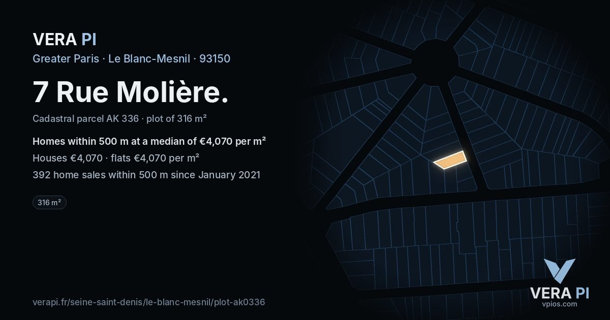 7 Rue Molière, Le Blanc-Mesnil at night – the plot lit, the parcels around coloured by the prices near them