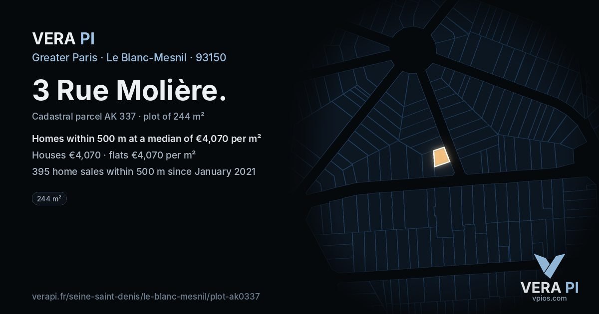 3 Rue Molière, Le Blanc-Mesnil at night – the plot lit, the parcels around coloured by the prices near them
