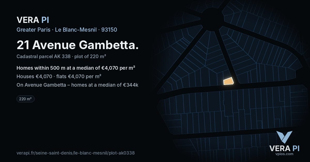 21 Avenue Gambetta, Le Blanc-Mesnil at night – the plot lit, the parcels around coloured by the prices near them