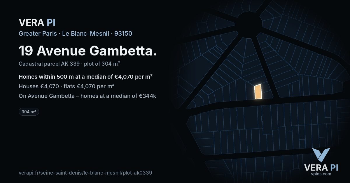 19 Avenue Gambetta, Le Blanc-Mesnil at night – the plot lit, the parcels around coloured by the prices near them