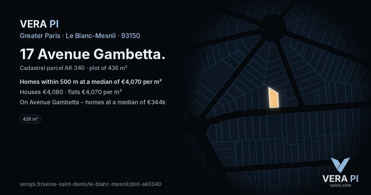 17 Avenue Gambetta, Le Blanc-Mesnil at night – the plot lit, the parcels around coloured by the prices near them