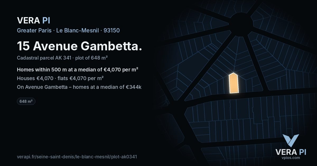 15 Avenue Gambetta, Le Blanc-Mesnil at night – the plot lit, the parcels around coloured by the prices near them
