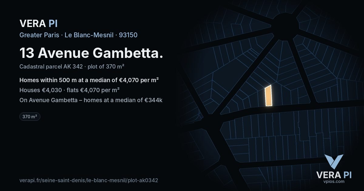 13 Avenue Gambetta, Le Blanc-Mesnil at night – the plot lit, the parcels around coloured by the prices near them