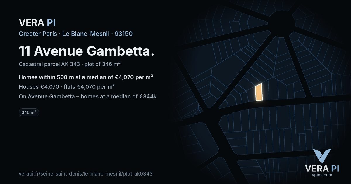 11 Avenue Gambetta, Le Blanc-Mesnil at night – the plot lit, the parcels around coloured by the prices near them