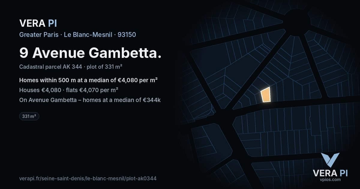 9 Avenue Gambetta, Le Blanc-Mesnil at night – the plot lit, the parcels around coloured by the prices near them