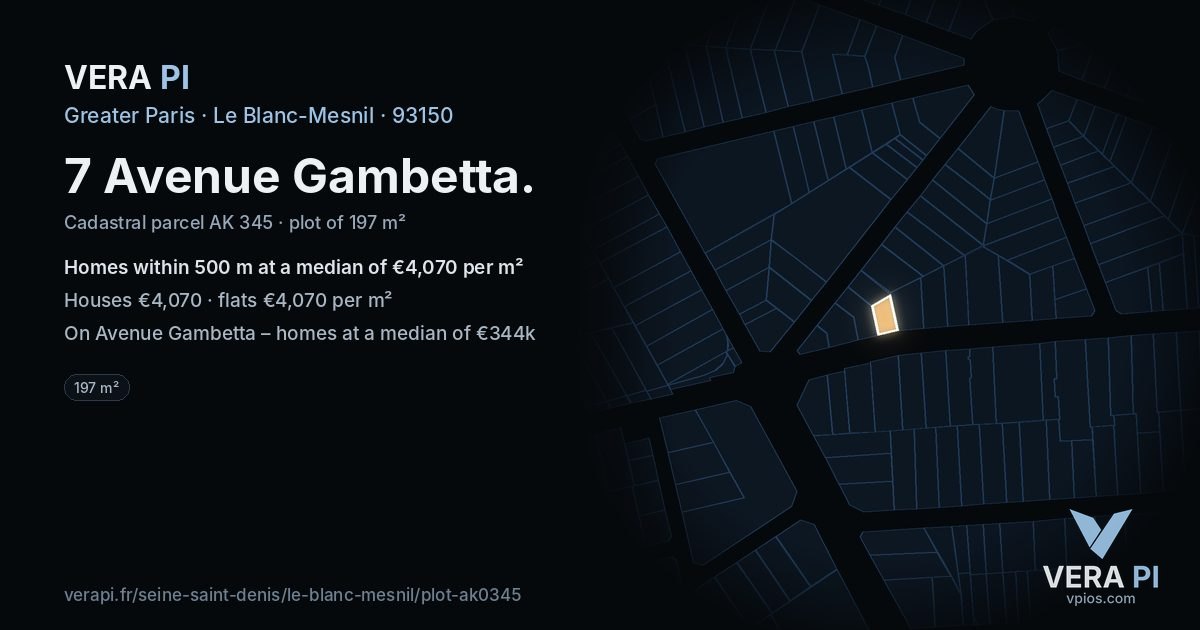 7 Avenue Gambetta, Le Blanc-Mesnil at night – the plot lit, the parcels around coloured by the prices near them