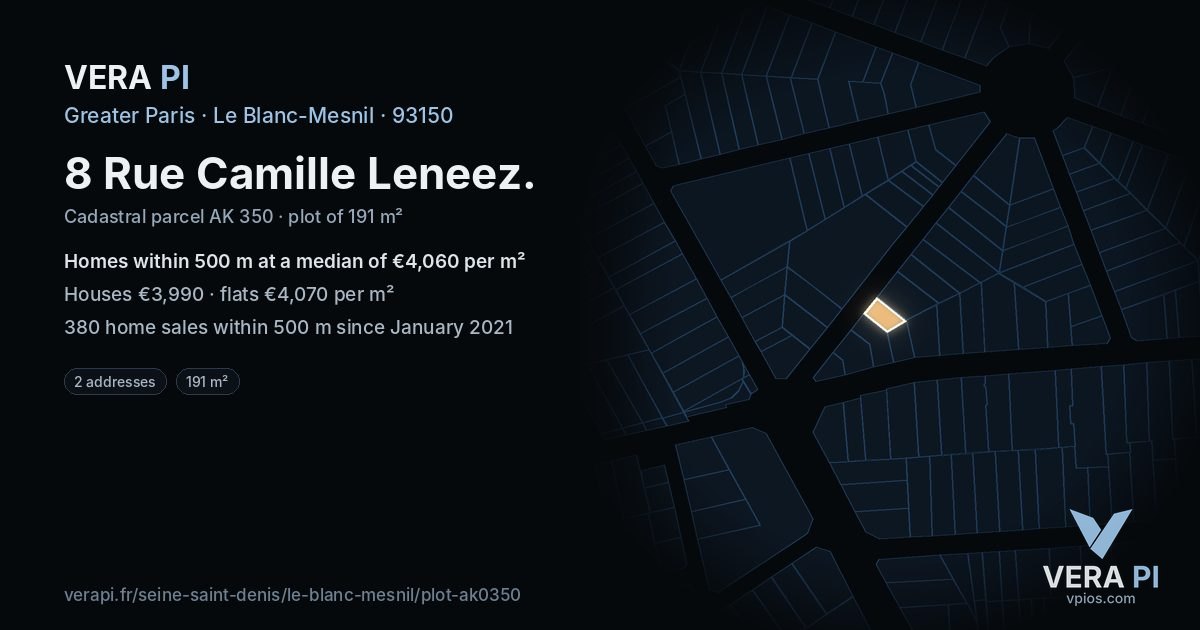 8 Rue Camille Leneez, Le Blanc-Mesnil at night – the plot lit, the parcels around coloured by the prices near them
