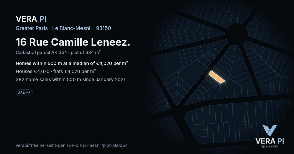 16 Rue Camille Leneez, Le Blanc-Mesnil at night – the plot lit, the parcels around coloured by the prices near them