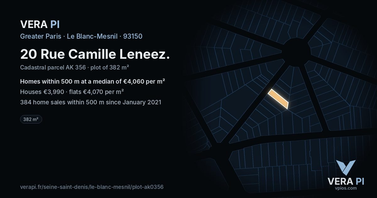 20 Rue Camille Leneez, Le Blanc-Mesnil at night – the plot lit, the parcels around coloured by the prices near them