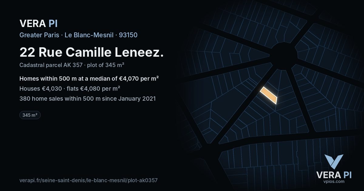 22 Rue Camille Leneez, Le Blanc-Mesnil at night – the plot lit, the parcels around coloured by the prices near them