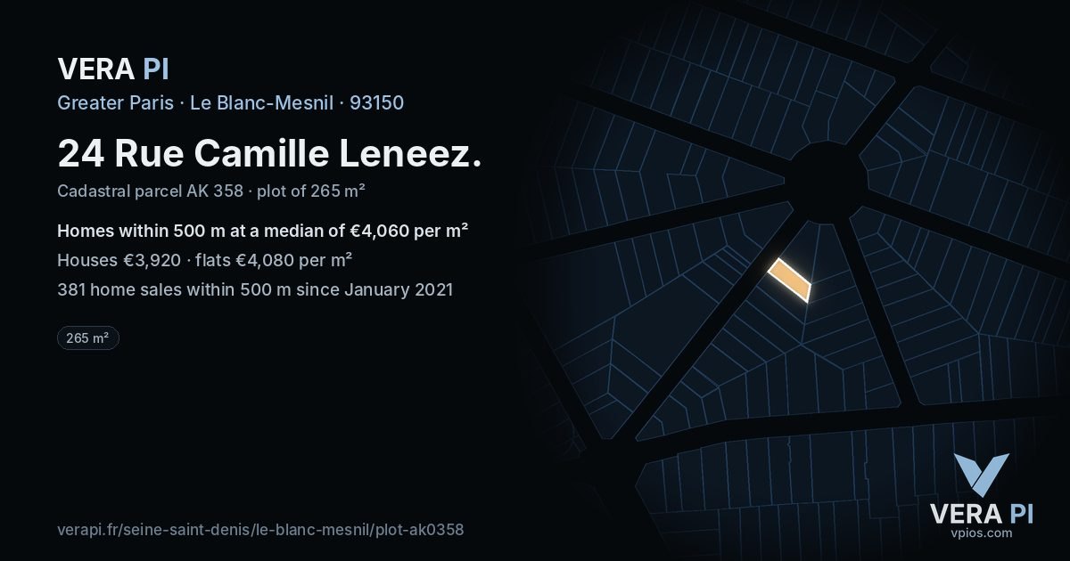 24 Rue Camille Leneez, Le Blanc-Mesnil at night – the plot lit, the parcels around coloured by the prices near them
