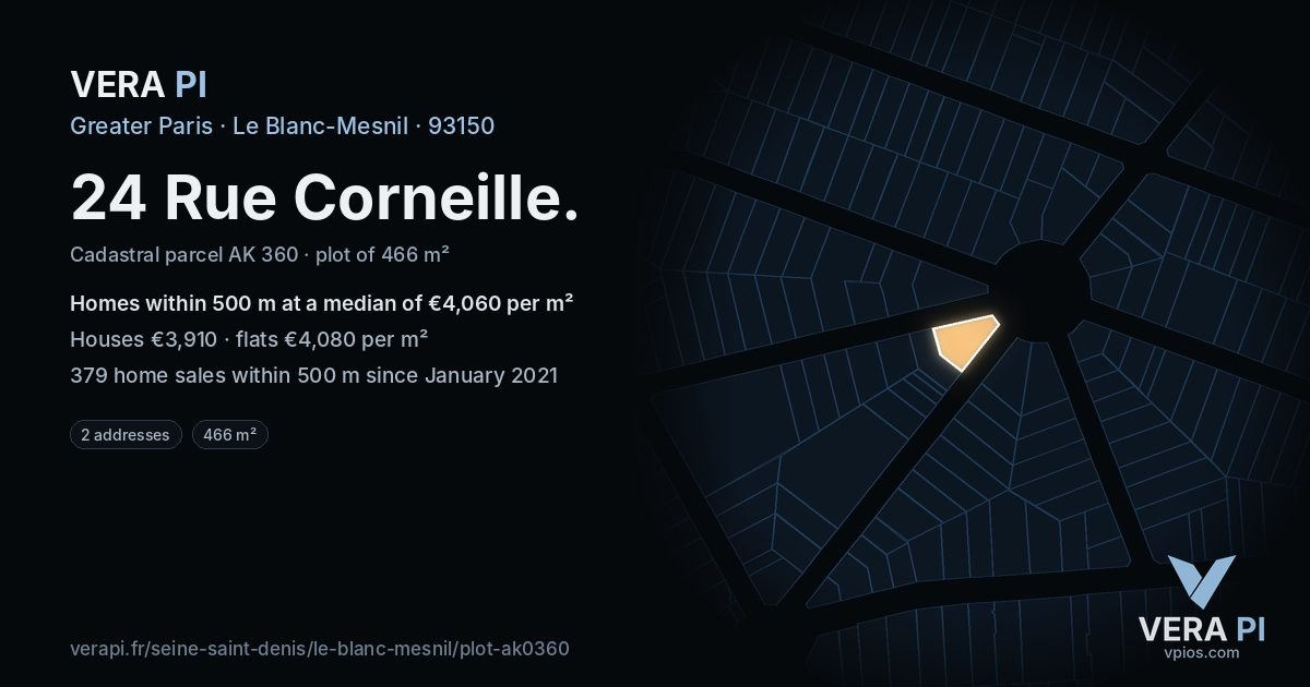 24 Rue Corneille, Le Blanc-Mesnil at night – the plot lit, the parcels around coloured by the prices near them