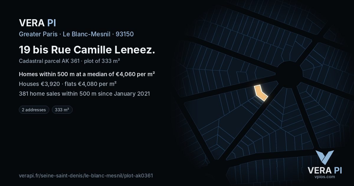 19 bis Rue Camille Leneez, Le Blanc-Mesnil at night – the plot lit, the parcels around coloured by the prices near them