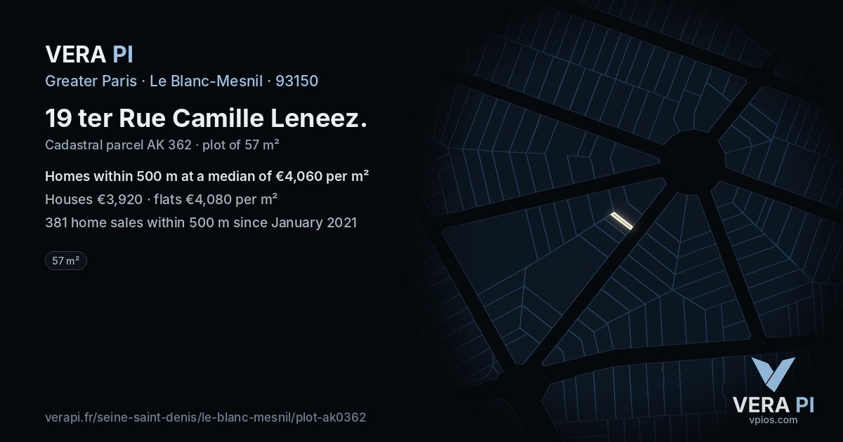 19 ter Rue Camille Leneez, Le Blanc-Mesnil at night – the plot lit, the parcels around coloured by the prices near them