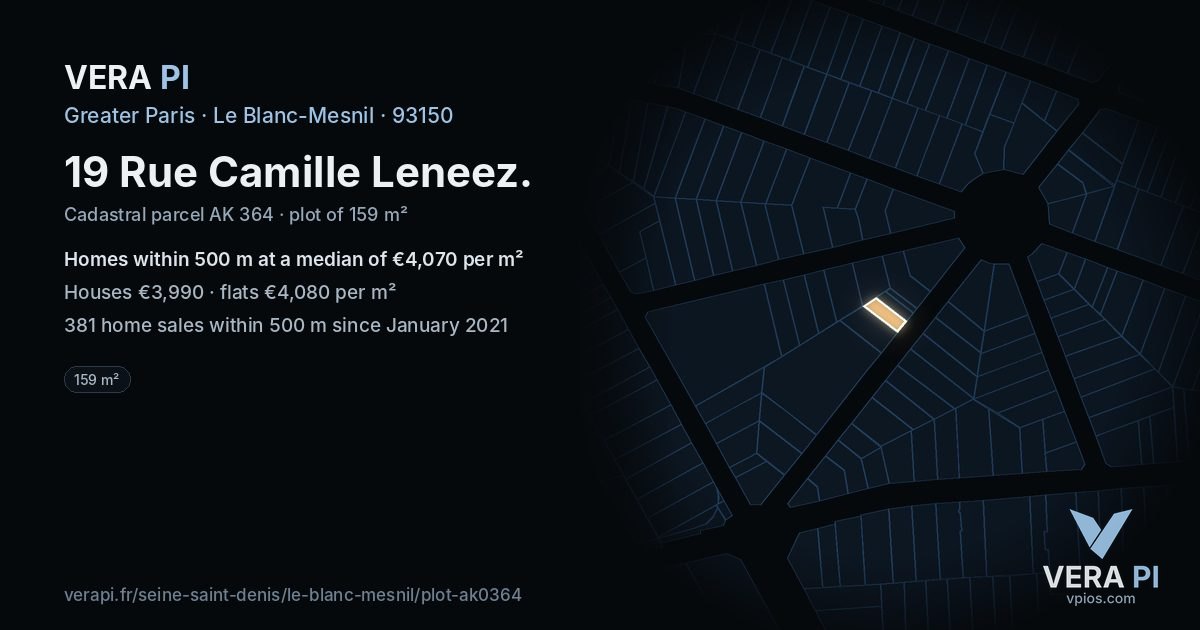 19 Rue Camille Leneez, Le Blanc-Mesnil at night – the plot lit, the parcels around coloured by the prices near them