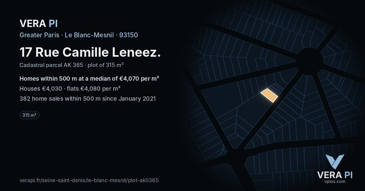 17 Rue Camille Leneez, Le Blanc-Mesnil at night – the plot lit, the parcels around coloured by the prices near them