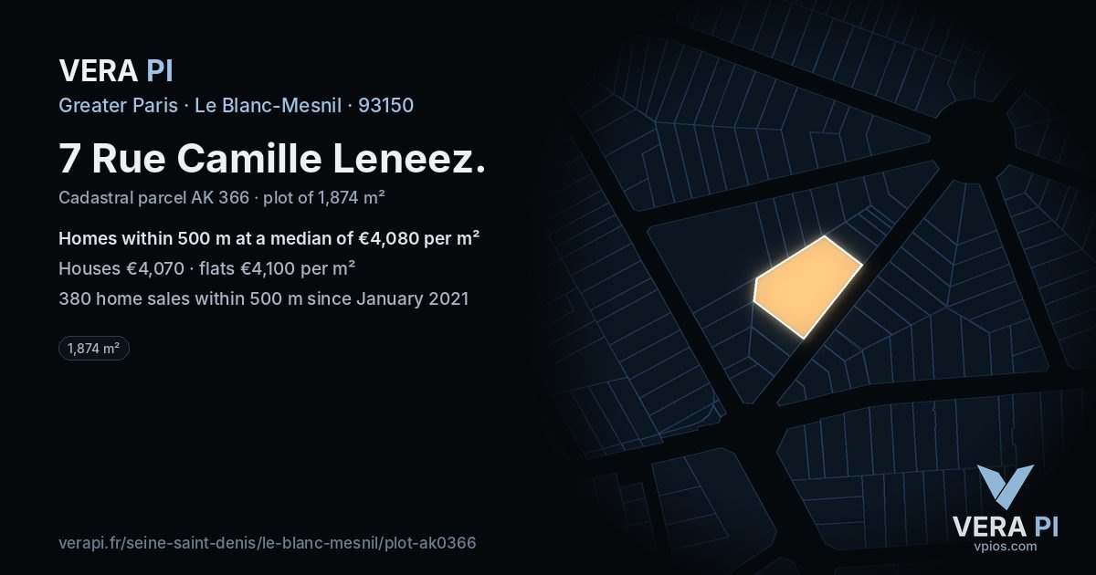 7 Rue Camille Leneez, Le Blanc-Mesnil at night – the plot lit, the parcels around coloured by the prices near them