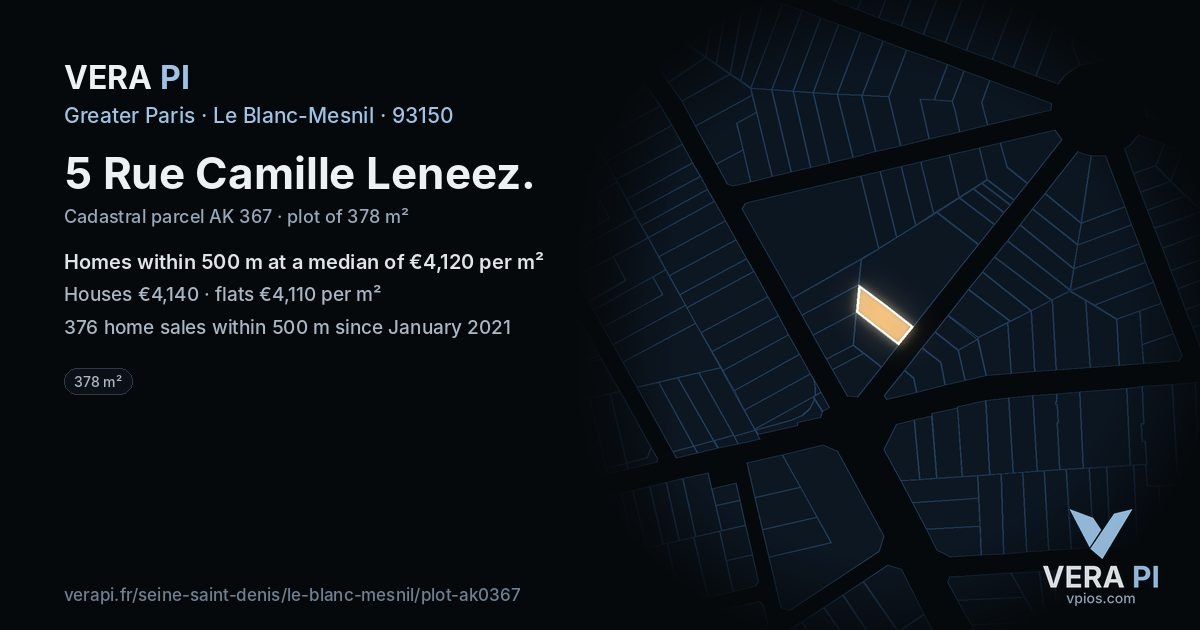 5 Rue Camille Leneez, Le Blanc-Mesnil at night – the plot lit, the parcels around coloured by the prices near them