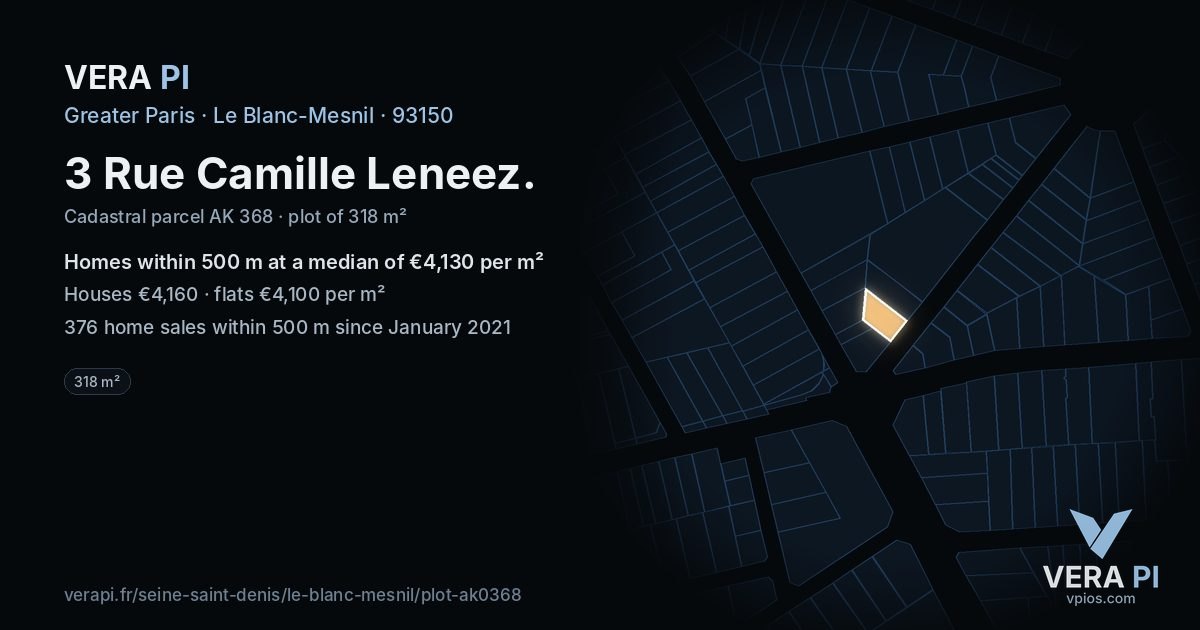 3 Rue Camille Leneez, Le Blanc-Mesnil at night – the plot lit, the parcels around coloured by the prices near them
