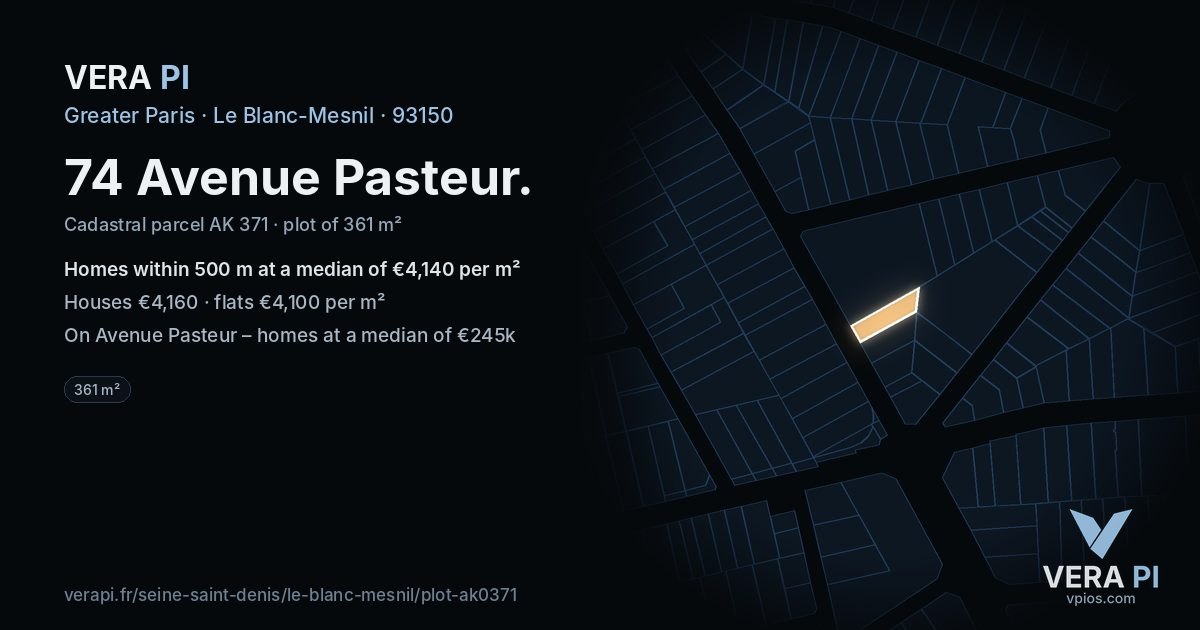 74 Avenue Pasteur, Le Blanc-Mesnil at night – the plot lit, the parcels around coloured by the prices near them