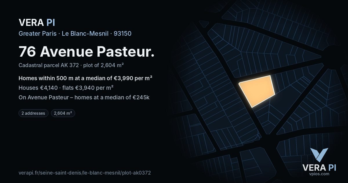 76 Avenue Pasteur, Le Blanc-Mesnil at night – the plot lit, the parcels around coloured by the prices near them