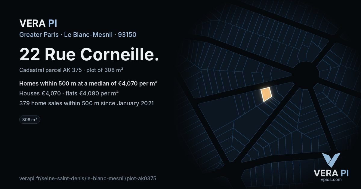 22 Rue Corneille, Le Blanc-Mesnil at night – the plot lit, the parcels around coloured by the prices near them