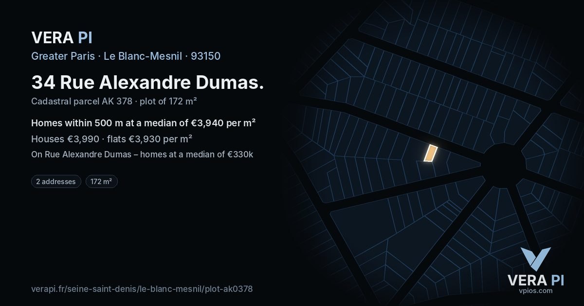 34 Rue Alexandre Dumas, Le Blanc-Mesnil at night – the plot lit, the parcels around coloured by the prices near them