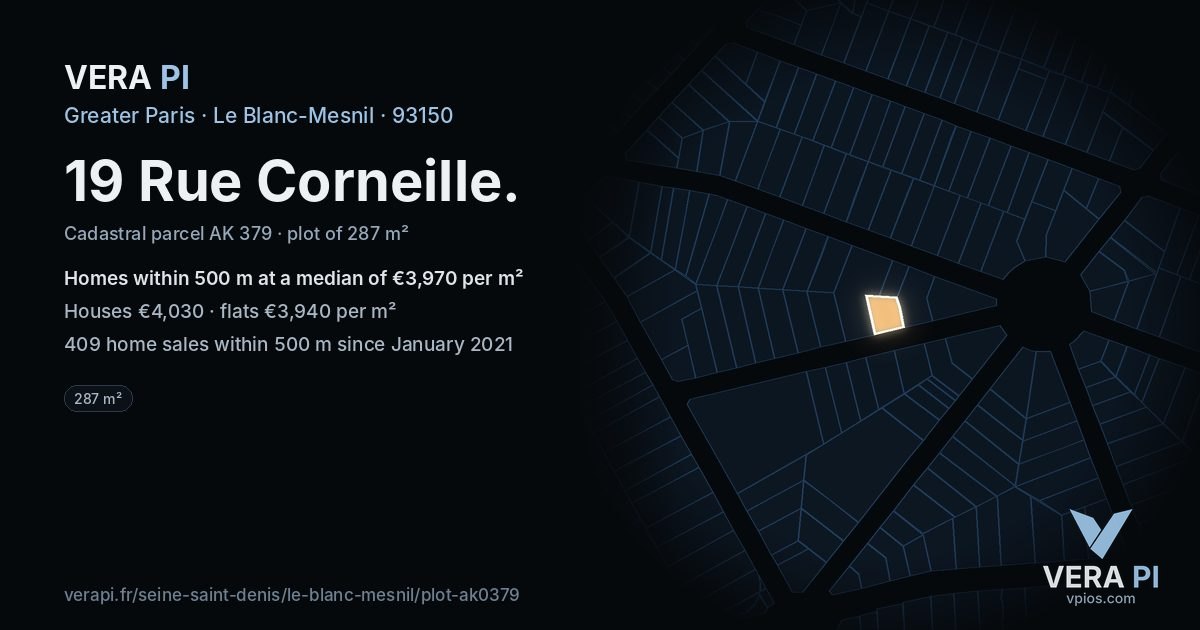 19 Rue Corneille, Le Blanc-Mesnil at night – the plot lit, the parcels around coloured by the prices near them