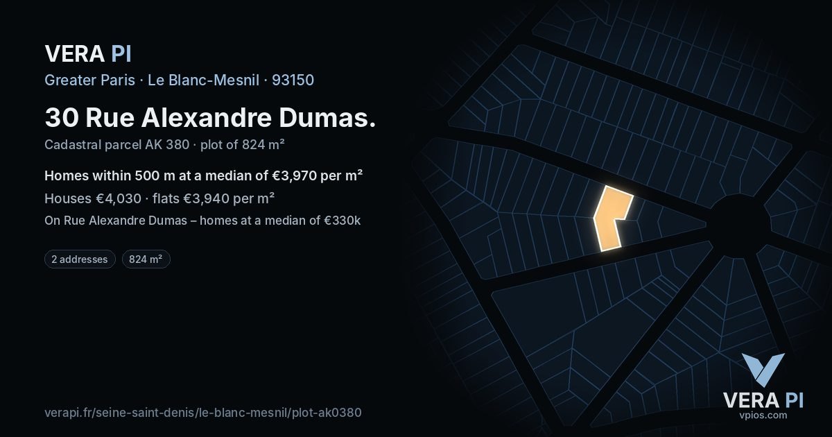 30 Rue Alexandre Dumas, Le Blanc-Mesnil at night – the plot lit, the parcels around coloured by the prices near them