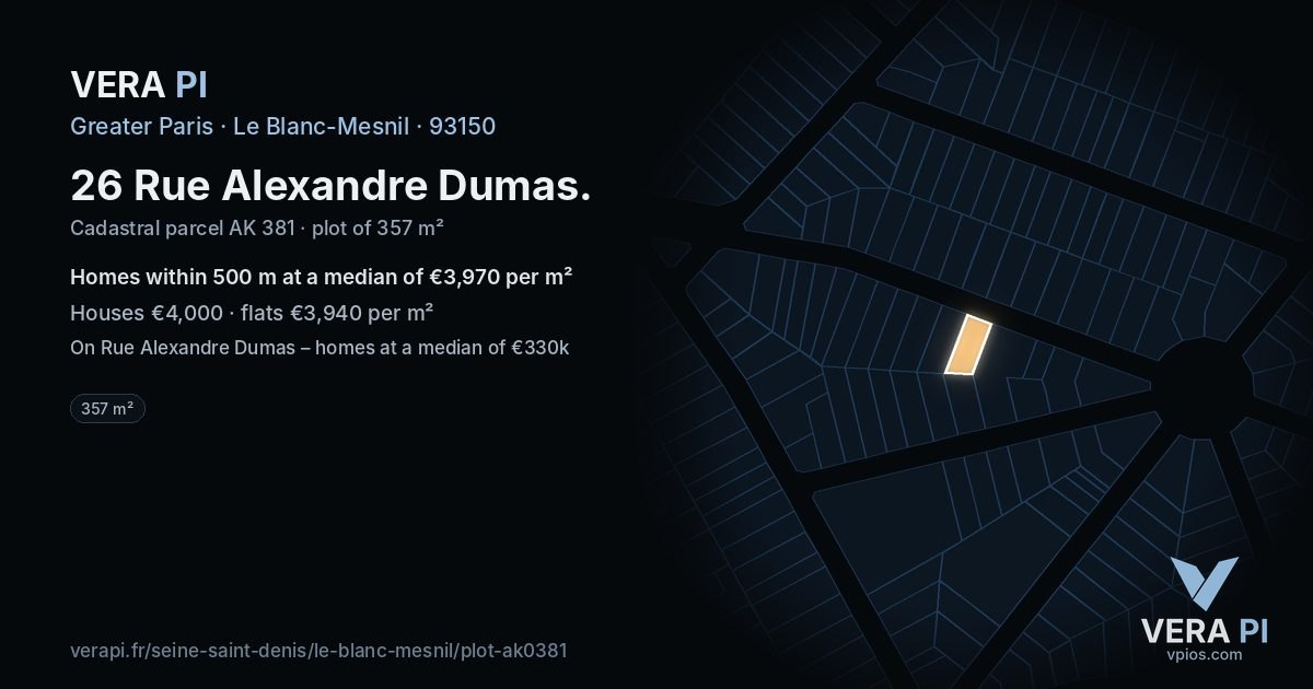 26 Rue Alexandre Dumas, Le Blanc-Mesnil at night – the plot lit, the parcels around coloured by the prices near them