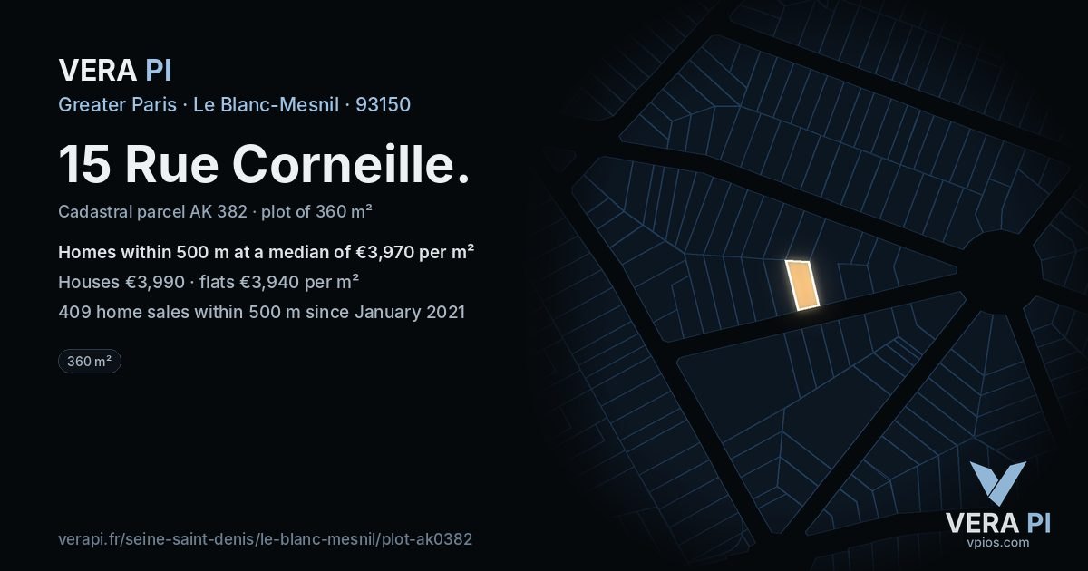 15 Rue Corneille, Le Blanc-Mesnil at night – the plot lit, the parcels around coloured by the prices near them
