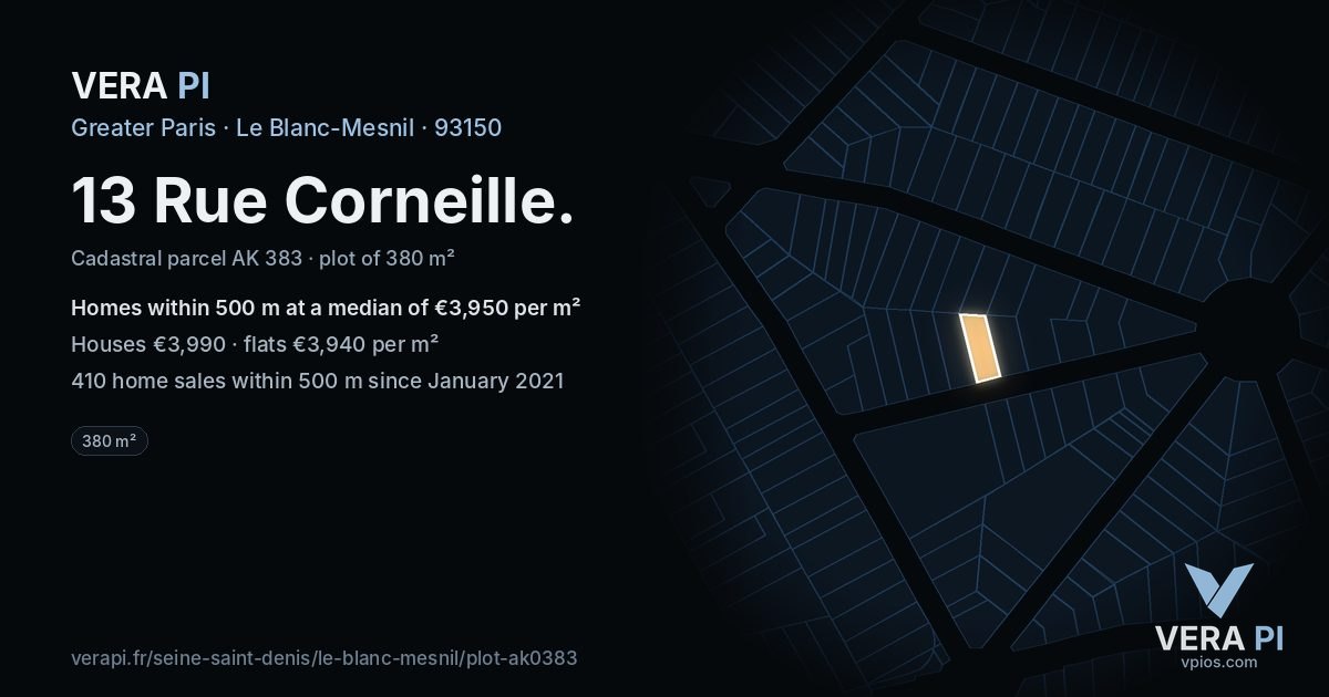 13 Rue Corneille, Le Blanc-Mesnil at night – the plot lit, the parcels around coloured by the prices near them