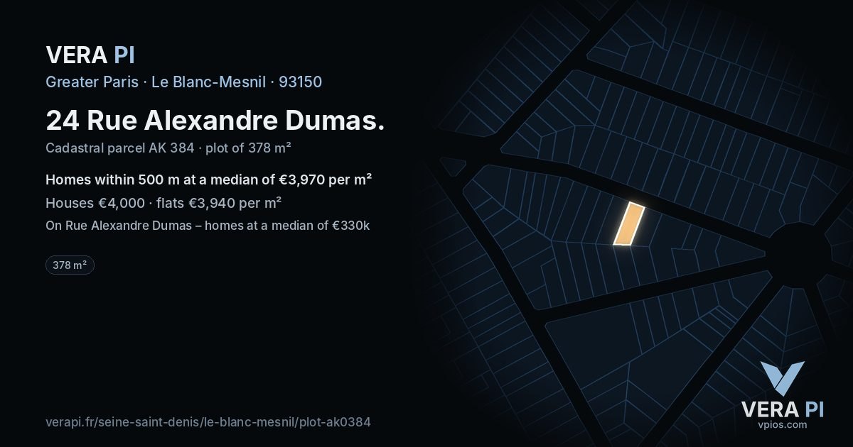 24 Rue Alexandre Dumas, Le Blanc-Mesnil at night – the plot lit, the parcels around coloured by the prices near them