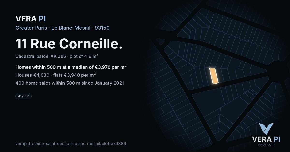 11 Rue Corneille, Le Blanc-Mesnil at night – the plot lit, the parcels around coloured by the prices near them