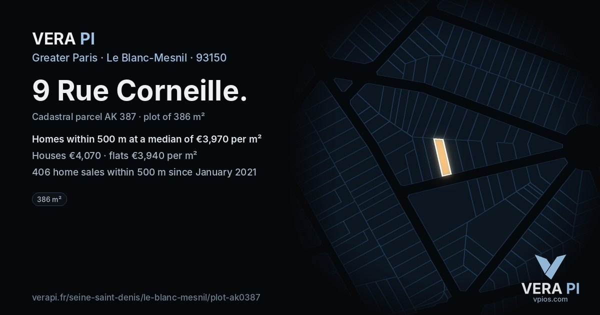 9 Rue Corneille, Le Blanc-Mesnil at night – the plot lit, the parcels around coloured by the prices near them