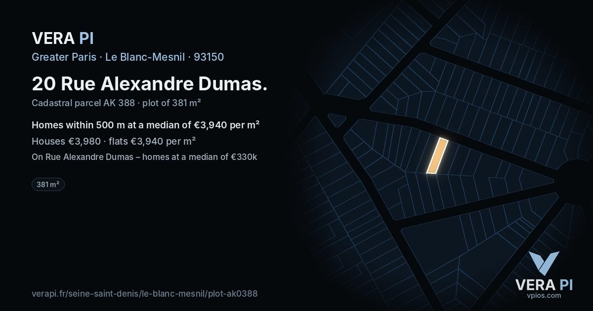 20 Rue Alexandre Dumas, Le Blanc-Mesnil at night – the plot lit, the parcels around coloured by the prices near them