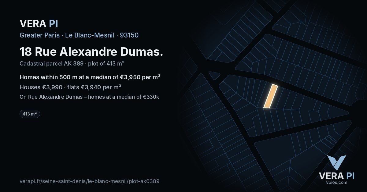 18 Rue Alexandre Dumas, Le Blanc-Mesnil at night – the plot lit, the parcels around coloured by the prices near them