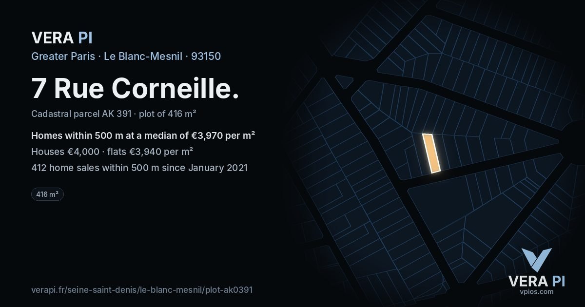 7 Rue Corneille, Le Blanc-Mesnil at night – the plot lit, the parcels around coloured by the prices near them