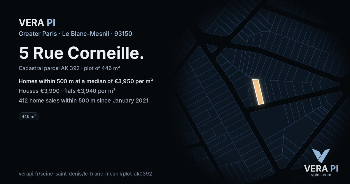 5 Rue Corneille, Le Blanc-Mesnil at night – the plot lit, the parcels around coloured by the prices near them