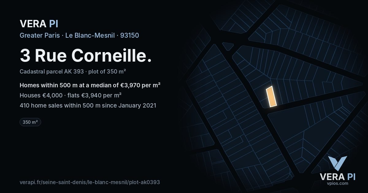 3 Rue Corneille, Le Blanc-Mesnil at night – the plot lit, the parcels around coloured by the prices near them