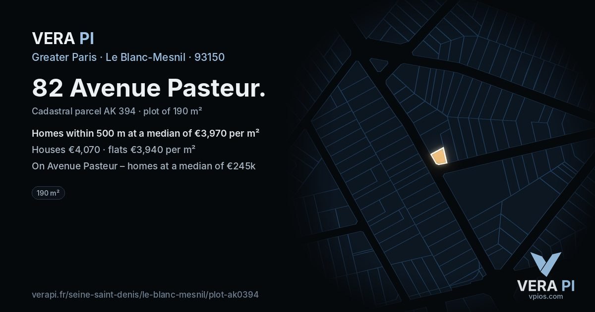 82 Avenue Pasteur, Le Blanc-Mesnil at night – the plot lit, the parcels around coloured by the prices near them