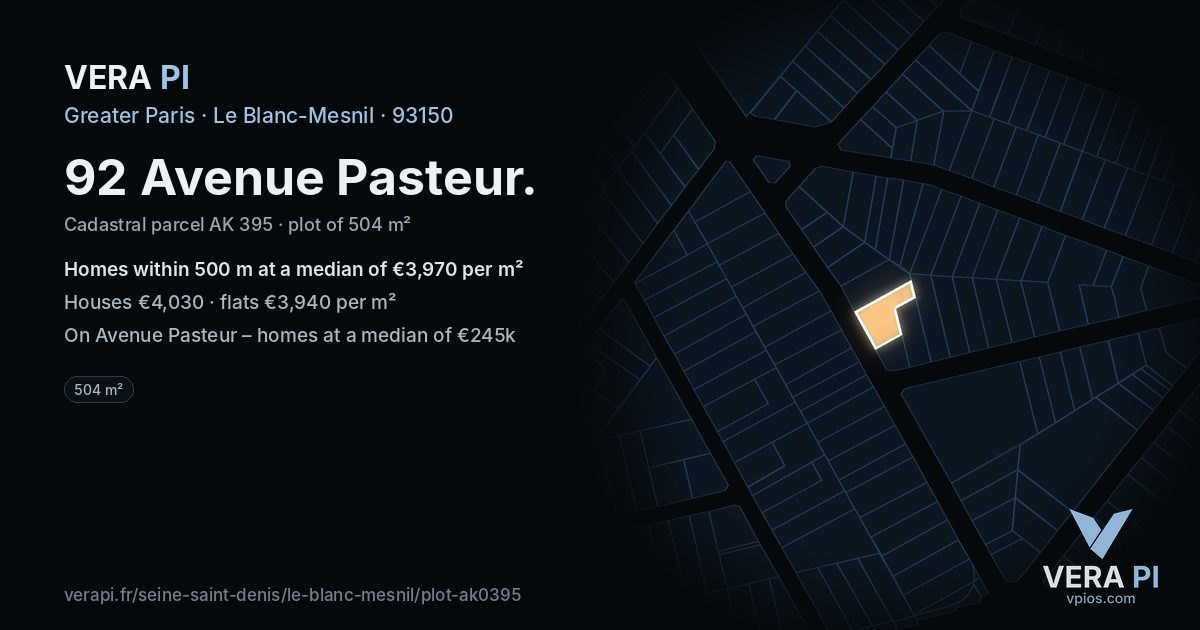 92 Avenue Pasteur, Le Blanc-Mesnil at night – the plot lit, the parcels around coloured by the prices near them